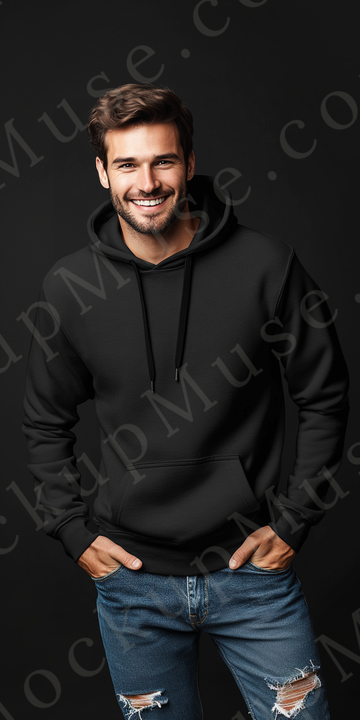 Hoodie Mockup – Black Pullover (Gildan 18500 fit), Men's, Studio Scene, Front View