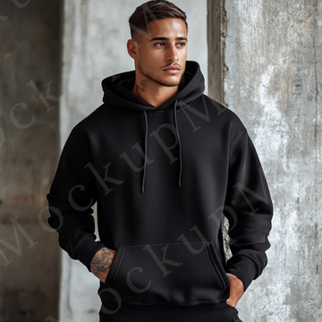Hoodie Mockup – Black Pullover (Gildan 18500 fit), Men's, Studio Scene, Front View