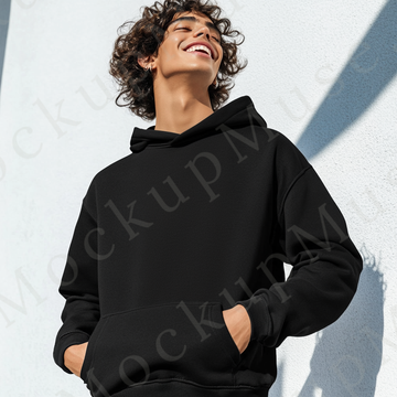 Hoodie Mockup – Black Pullover (Gildan 18500 fit), Men's, Studio Scene, Front View