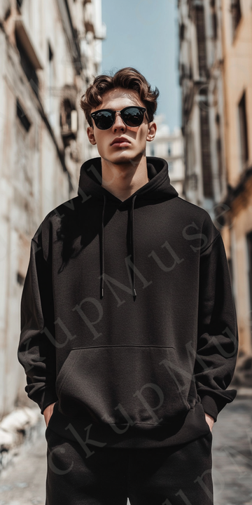 Hoodie Mockup – Black Pullover (Gildan 18500 fit), Men's, Studio Scene, Front View