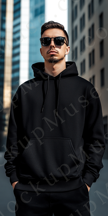 Hoodie Mockup – Black Pullover (Gildan 18500 fit), Men's, Studio Scene, Front View