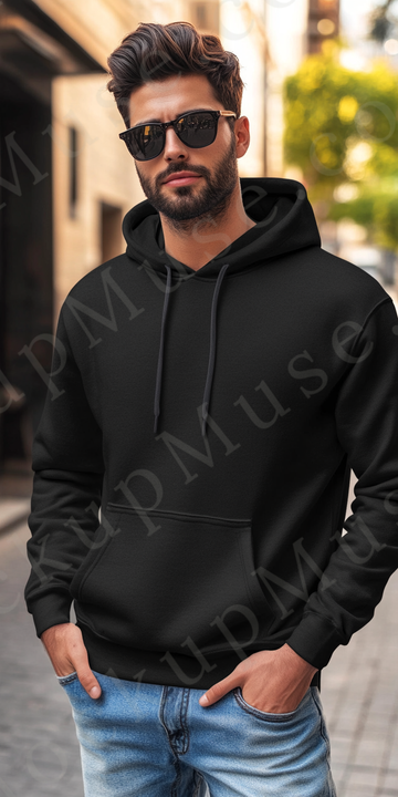 Hoodie Mockup – Black Pullover (Gildan 18500 fit), Men's, Studio Scene, Front View