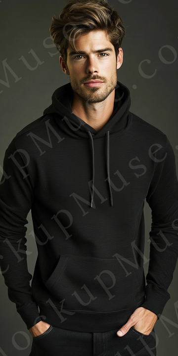 Hoodie Mockup – Black Pullover (Gildan 18500 fit), Men's, Studio Scene, Front View