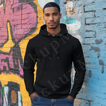 Hoodie Mockup – Black Pullover (Gildan 18500 fit), Men's, Studio Scene, Front View