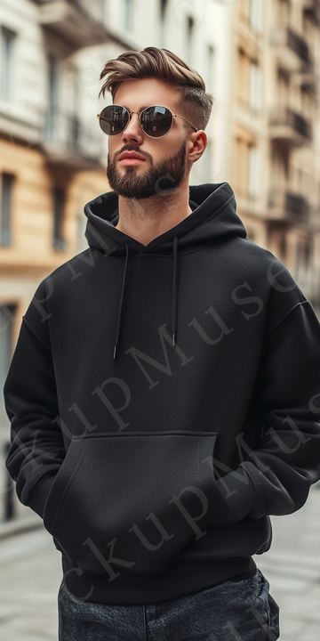 Hoodie Mockup – Black Pullover (Gildan 18500 fit), Men's, Studio Scene, Front View