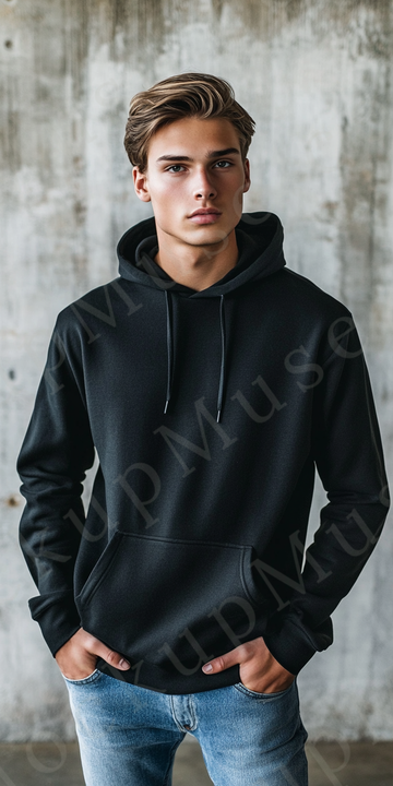 Hoodie Mockup – Black Pullover (Gildan 18500 fit), Men's, Studio Scene, Front View