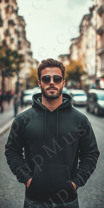 Hoodie Mockup – Black Pullover (Gildan 18500 fit), Men's, City Lifestyle Scene, Front View