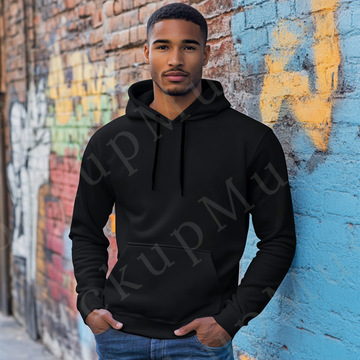 Hoodie Mockup – Black Pullover (Gildan 18500 fit), Men's, Urban Lifestyle Scene, Front View