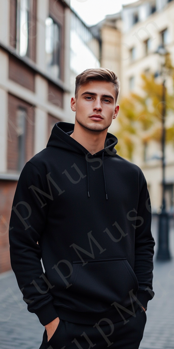 Hoodie Mockup – Black Pullover (Gildan 18500 fit), Men's, City Lifestyle Scene, Front View
