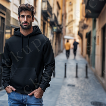 Hoodie Mockup – Black Pullover (Gildan 18500 fit), Men's, European Lifestyle Scene, Front View