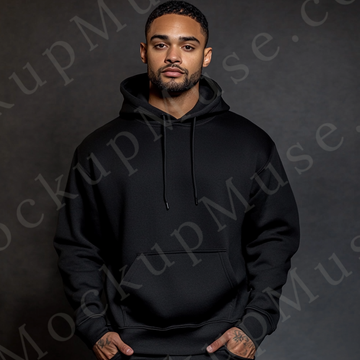 Hoodie Mockup – Black Pullover (Gildan 18500 fit), Men's, Studio Scene, Front View