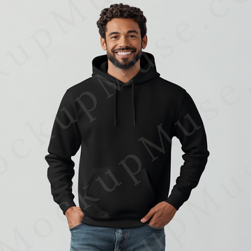 Hoodie Mockup – Black Pullover (Gildan 18500 fit), Men's, Studio Scene, Front View