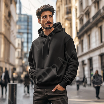 Hoodie Mockup – Black Pullover (Gildan 18500 fit), Men's, City Lifestyle Scene, Front View