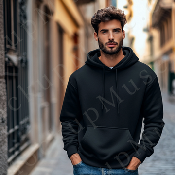 Hoodie Mockup – Black Pullover (Gildan 18500 fit), Men's, European Lifestyle Scene, Front View