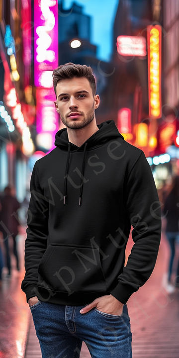 Hoodie Mockup – Black Pullover (Gildan 18500 fit), Men's, City Lifestyle Scene, Front View