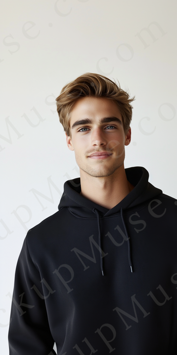 Hoodie Mockup – Black Pullover (Gildan 18500 fit), Men's, Studio Scene, Front View