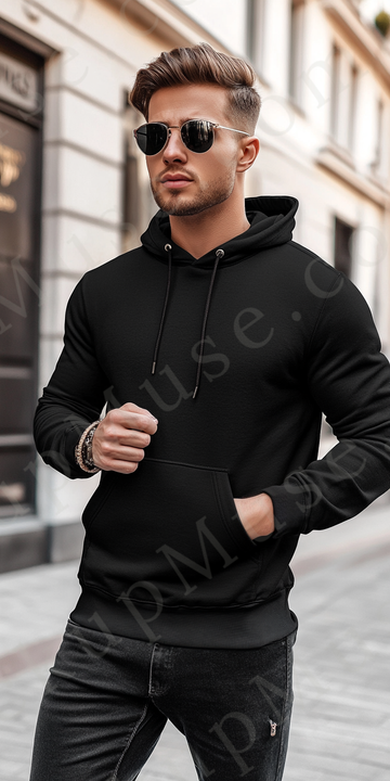 Hoodie Mockup – Black Pullover (Gildan 18500 fit), Men's, City Lifestyle Scene, Front View