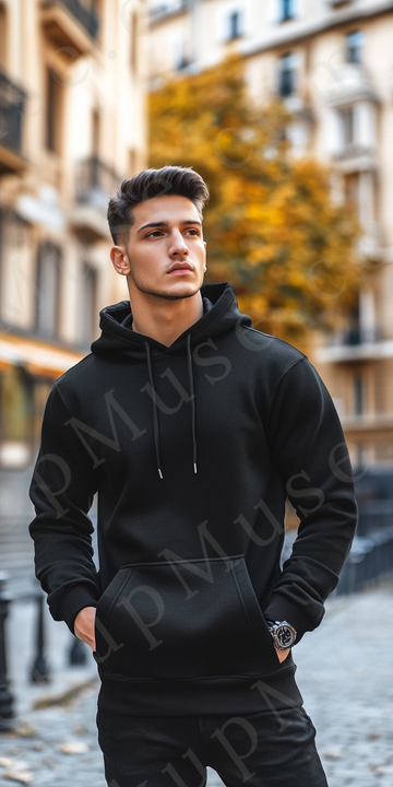 Hoodie Mockup – Black Pullover (Gildan 18500 fit), Men's, City Lifestyle Scene, Front View