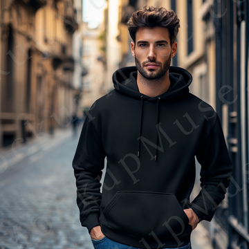 Hoodie Mockup – Black Pullover (Gildan 18500 fit), Men's, European Lifestyle Scene, Front View