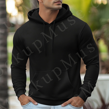 Hoodie Mockup – Black Pullover (Gildan 18500 fit), Men's, Studio Scene, Front View
