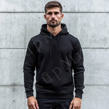 Hoodie Mockup – Black Pullover (Gildan 18500 fit), Men's, City Lifestyle Scene, Front View