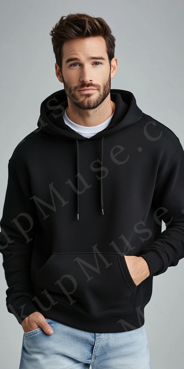 Hoodie Mockup – Black Pullover (Gildan 18500 fit), Men's, Studio Scene, Front View