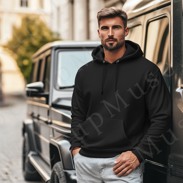 Hoodie Mockup – Black Pullover (Gildan 18500 fit), Men's, City Lifestyle Scene, Front View