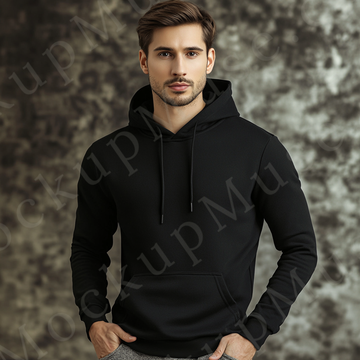 Hoodie Mockup – Black Pullover (Gildan 18500 fit), Men's, Studio Scene, Front View