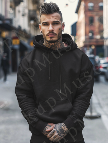 Hoodie Mockup – Black Pullover (Gildan 18500 fit), Men's, City Lifestyle Scene, Front View