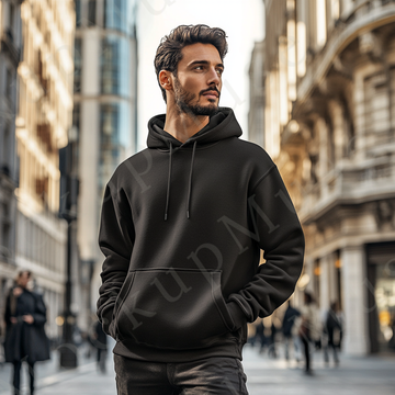 Hoodie Mockup – Black Pullover (Gildan 18500 fit), Men's, City Lifestyle Scene, Front View