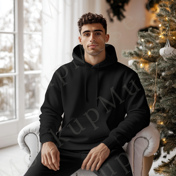 Hoodie Mockup – Black Pullover (Gildan 18500 fit), Men's, Seasonal Holiday Lifestyle Scene, Front View