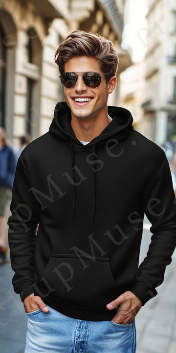 Hoodie Mockup – Black Pullover (Gildan 18500 fit), Men's, City Lifestyle Scene, Front View