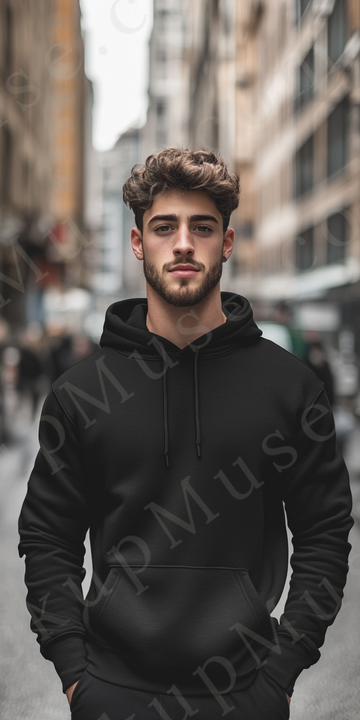 Hoodie Mockup – Black Pullover (Gildan 18500 fit), Men's, City Lifestyle Scene, Front View