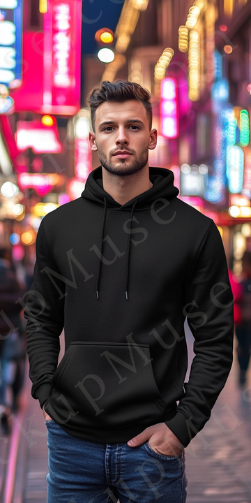 Hoodie Mockup – Black Pullover (Gildan 18500 fit), Men's, City Lifestyle Scene, Front View