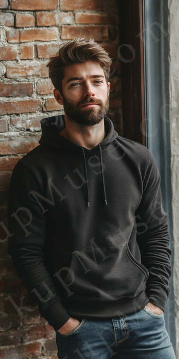 Hoodie Mockup – Black Pullover (Gildan 18500 fit), Men's, Lifestyle Scene, Front View