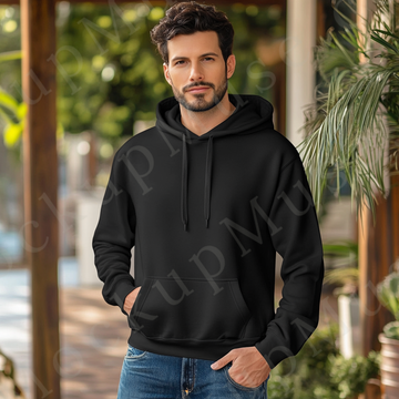 Hoodie Mockup – Black Pullover (Gildan 18500 fit), Men's, Lifestyle Scene, Front View