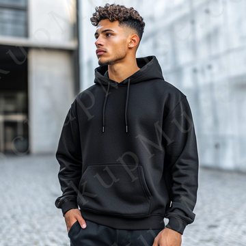 Hoodie Mockup – Black Pullover (Gildan 18500 fit), Men's, Urban Lifestyle Scene, Front View