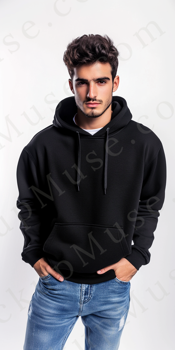 Hoodie Mockup – Black Pullover (Gildan 18500 fit), Men's, Studio Scene, Front View