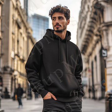 Hoodie Mockup – Black Pullover (Gildan 18500 fit), Men's, City Lifestyle Scene, Front View