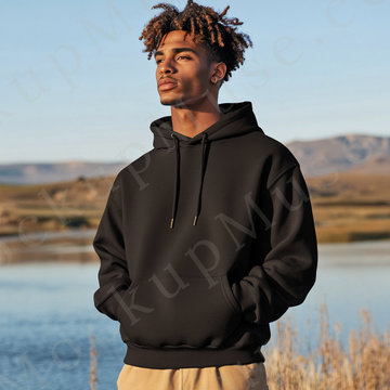 Hoodie Mockup – Black Pullover (Gildan 18500 fit), Men's, Lifestyle Scene, Front View
