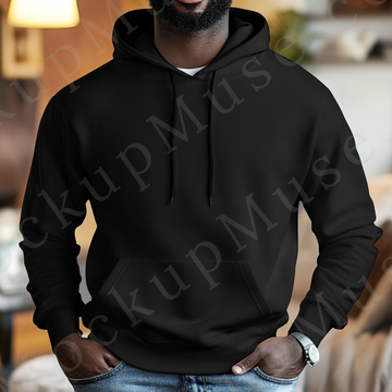 Hoodie Mockup – Black Pullover (Gildan 18500 fit), Men's, Lifestyle Scene, Front View