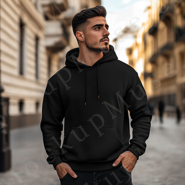 Hoodie Mockup – Black Pullover (Gildan 18500 fit), Men's, City Lifestyle Scene, Front View