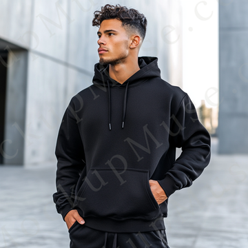 Men’s black Gildan 18500 hoodie mockup, city lifestyle scene, front view, digital download.