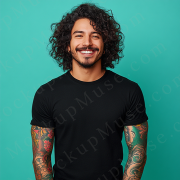 Men’s Black T-Shirt, Teal Background Studio Scene, Front View (Gildan 5000), Digital Download, Gildan 5000 T-Shirt POD Mockup