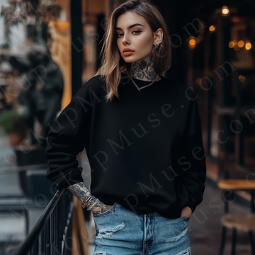 Women’s Black Sweatshirt, Lifestyle Street Scene, Front View (Gildan 18000), Digital Download, Gildan 18000 Sweatshirt POD Mockup