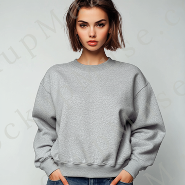 Womens grey sweatshirt mockup – neutral studio portrait, hands in pockets; Gildan 18000 fit