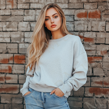 Womens grey sweatshirt mockup – lifestyle, brick wall background; Gildan 18000 fit