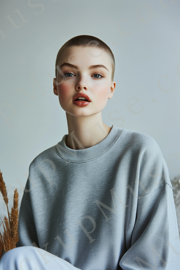 Womens grey sweatshirt mockup – studio portrait, clean light backdrop; Gildan 18000 fit