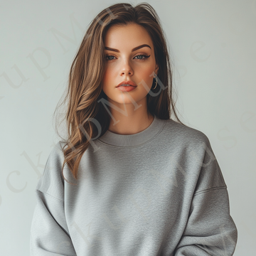 Womens grey sweatshirt mockup – studio portrait, clean background; Gildan 18000 fit