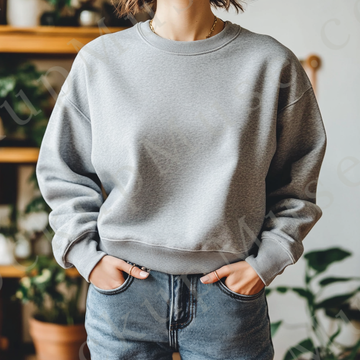 Womens grey sweatshirt mockup – lifestyle, indoor with plants; Gildan 18000 fit